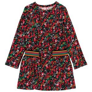 Floral Long Sleeve Fleece Dress with Striped Waistband